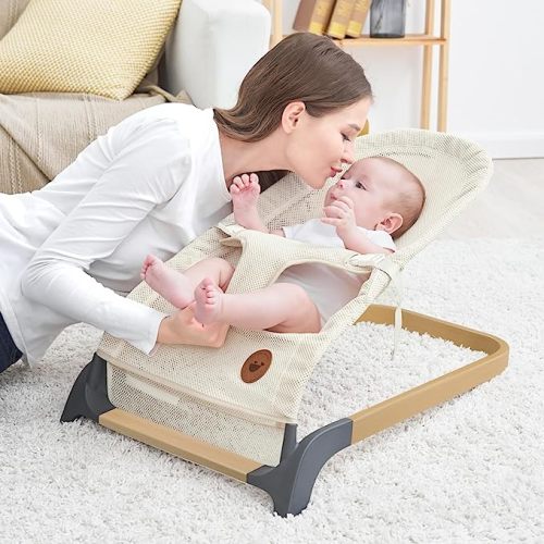 ANGELBLISS Baby Bouncer, Portable Bouncer Seat for Babies, Infants Bouncy Seat with Mesh Fabric, Natural Vibrations (Beige)