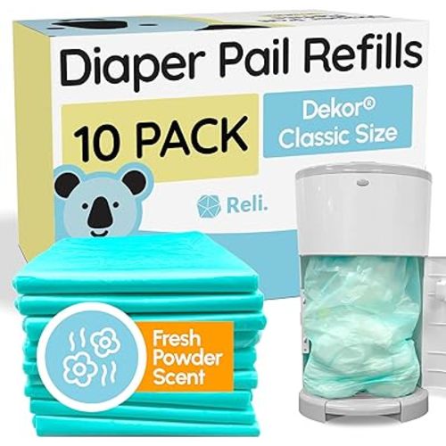 Reli. Diaper Pail Refill Bags, Compatible with Dekor Classic (10 Pack) | Diaper Dekor Refills w/Powder Fresh Scent | Odor Blocking, Strong, Easy Replacement Bags | Holds up to 4950 Diapers