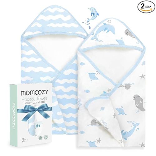 Momcozy Baby Towel with Hooded-Original Design Baby Towel Set -Soft & Absorbent- Shower Gifts or Bath Essential for Infant, Newborn, Toddler, Marine Sea Whale Seal Waves Magic