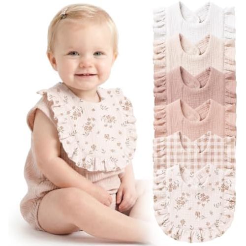 Konssy 6-Pack Muslin Baby Girl Bibs, Absorbent Drool Bibs with Ruffle Trim