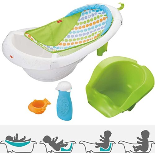 Fisher-Price Baby to Toddler Bath 4-In-1 Sling ‘N Seat Tub with Removable Infant Support and 2 Toys, Green