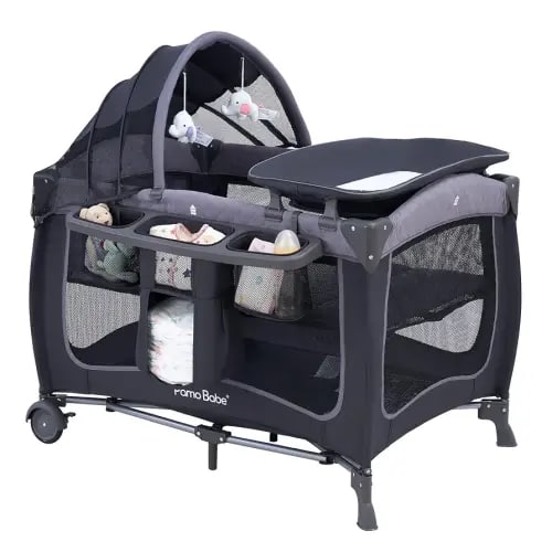 Pamo Babe Baby Playard with Canopy, Portable Crib with Changing Table