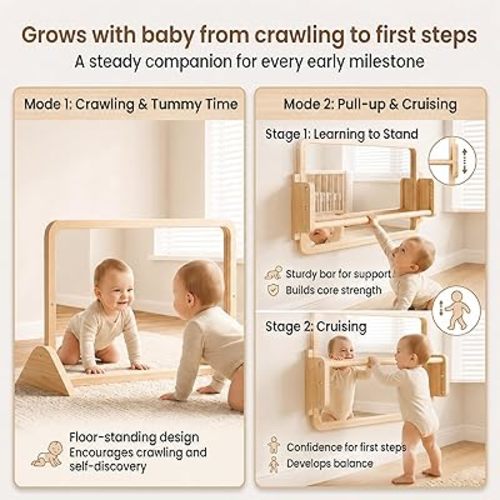 Montessori Adjustable Toddler Mirror & Pull Up Bar, Montessori Learning Toy for Baby 6-18 Months, Nursery Mirrors, Natural Wood Furniture for Daycare, Kids Classroom