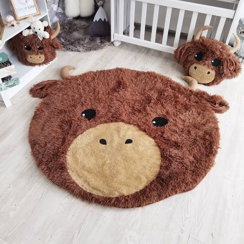 45" Highland Cow Nursery Rug - Soft Plush Baby Play Mat - Shaggy Minky Farm Animal Rug - Brown Cow Kids Room Decor - Farm Theme Baby Gift