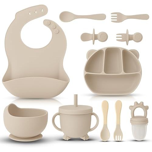 12 Piece BPA-Free Silicone Baby Feeding Set,Non-Slip Suction Plates,Soft Baby Bowls, Wooden Utensils & More ,Make Feeding Time Safe,Dishwasher Safe – Ideal for 6+ Months