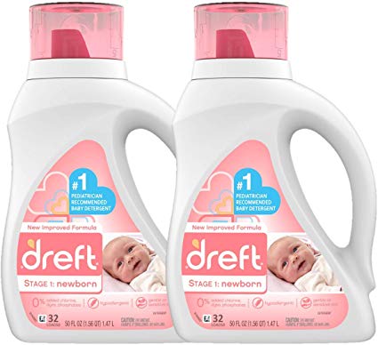 Dreft Newborn Baby Liquid Laundry Detergent, Gentle on Sensitive Skin, HE Compatible, 2 Pack, 32 Loads Each, Baby Laundry Detergent, Newborn Essentials
