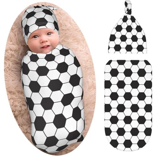Soccer Swaddle Blanket with Beanie Set, Soft and Stretchy Soccer Print Swaddlling Blanket for Boy and Girl