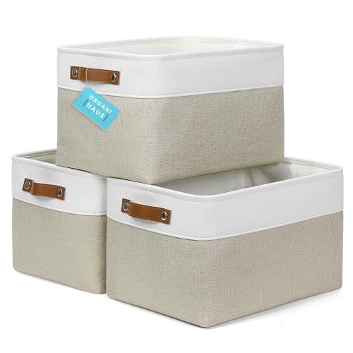 OrganiHaus Large Fabric Storage Baskets for Shelves 3 Pack, 15x11in Closet Storage Bins for Shelves, Cloth Baskets for Organizing, Linen Closet Organizers, Fabric Basket, Beige/White
