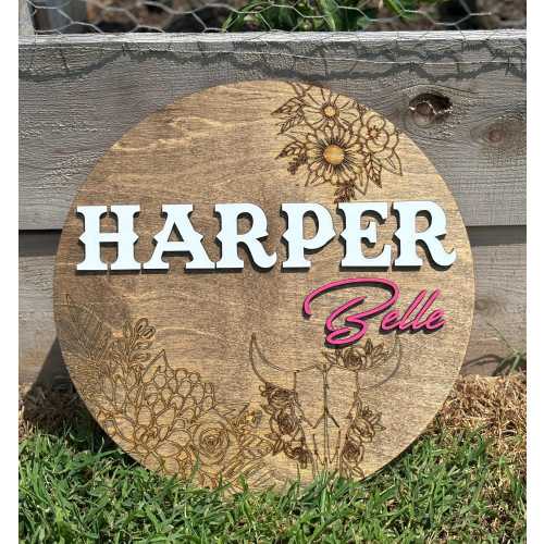 Western nursery sign for baby girls room name signs for above the crib round wooden name art