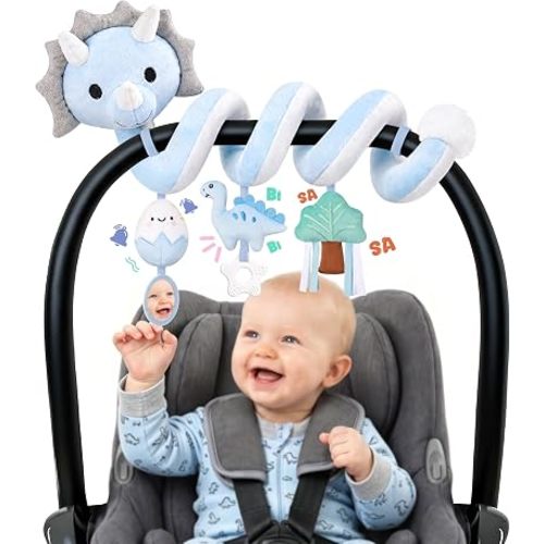 Stuffed Dinosaur Spiral Car Seat Toys Hanging for Babies 0-3 3-6 6-12 Months, Plush Infant Stroller Toy with Silicone Teether, Crinkle and Squeaker, Soft Cute Shower Gifts for Newborn Boys Girls