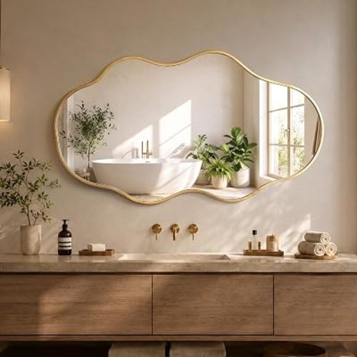 26"x46" Irregular Gold Wall Mirror, Wavy Asymmetrical Mirror for Bathroom & Living Room, Modern Cloud-Shaped Decorative Mirror