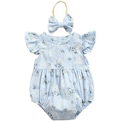 Newborn Baby Girl Romper Floral Ruffle Sleeveless Jumpsuit Cotton Bodysuit with Headband Summer Clothes Outfit