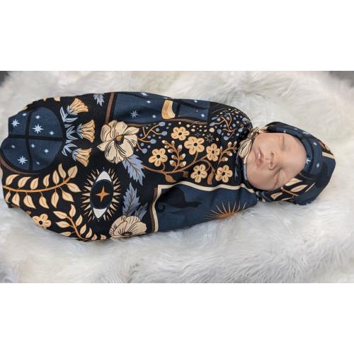 Whimsigoth Swaddle, Gothic Night, Cozy Lights Blanket + Band or Hat, Witchy Baby Carriers & Wraps, Black Cat, All Seeing Eye Emo Baby