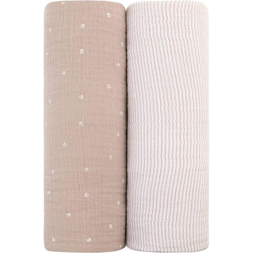 Ely’s &Co. Muslin Swaddle Blanket 2-Pack for Baby Girl — 100% Cotton Muslin Extra-Large Swaddle Blankets (47” x 47”) — White Tulip on Pink + Stripes