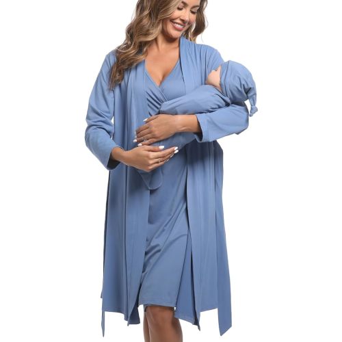 QTECLOR Mommy Robe Set for Maternity with Matching Swaddle Blanket, Delivery Labor Gown Robe for Hospital Women Dress