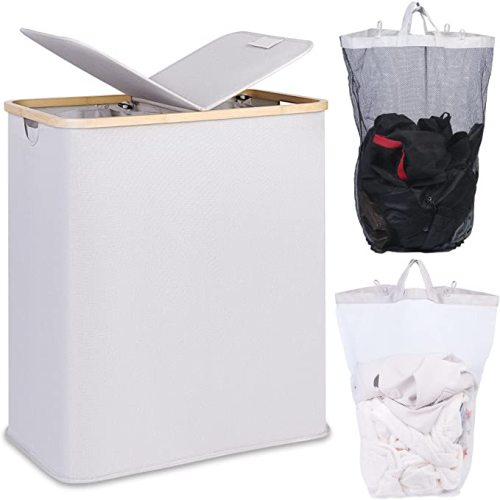 efluky Laundry Hamper with Lid, Double Laundry Hamper with 2 Removable Bags, 2 Section Laundry Basket with Bamboo Handles for Bathroom, Bedroom & Laundry Room, 140L (36.9 Gallon) Light Grey
