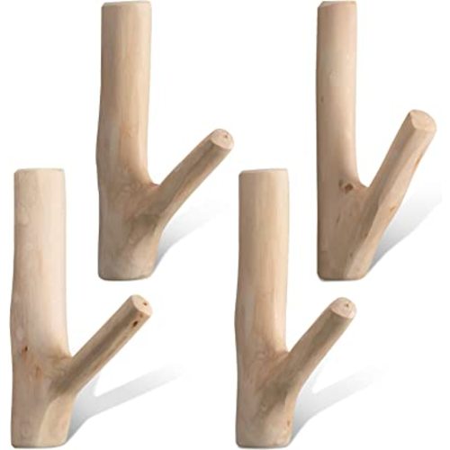 Jetec 4 Pieces Wood Wall Hooks Vintage Real Natural Tree Branch Wall Mounted Handmade Hook Set Rustic Decorative Wood Adhesive Strong Suction Hooks for Coat Key Holder (White)