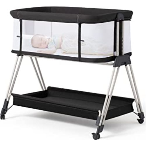 Fodoss Baby Bassinet Bedside Sleeper with Wheels and Storage Tray,4-Sided Mesh Bedside Bassinet Co Sleeper for Infant/Newborn,7 Height Adjustable Easy Folding Bedside Crib