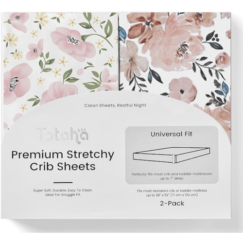 TotAha Premium Stretchy Crib Sheets (2-Pack)-Hypoallergenic, Silky Comfort, Buttery Soft, Calming Effect, All-Season Jersey-Knit Sheets, 9'' Extra Deep Pocket(Meredith Allover Floral & Pale Pink) - Meredith Allover Floral & Pale Pink Flowers