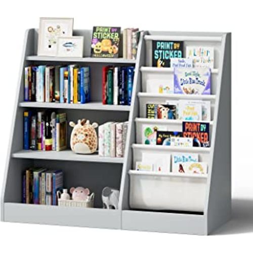 Gray 4 Tier Kids Wooden Bookshelf,Five Layer Sling Toddler Front Facing Bookcase,Baby Kids Storage Book Rack,Book and Toy Organizer Cabinet,Child Book Display Playroom Nursery Bedroom