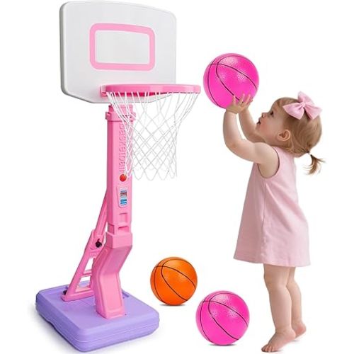 Qirptey Toddler Girl Basketball Hoop Indoor Pink Adjustable Mini Basketball Goal with Ball Pump for Outdoor Poolside Toys Backyard Game Outside Basketball Toy for Kids Age 3-5 6 7 4-8 Birthday Gift