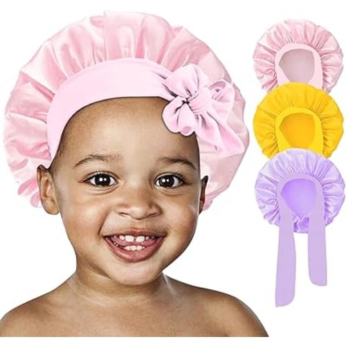 3 Pcs Kids Silk Bonnet for Sleeping - Baby Hair Bonnet for Sleep,Kids Satin Bonnets for Girls with Adjustable Wide Elastic Band,Sleeping Cap for Teens Toddler Child Curly Hair(Pink+Purple+Yellow)