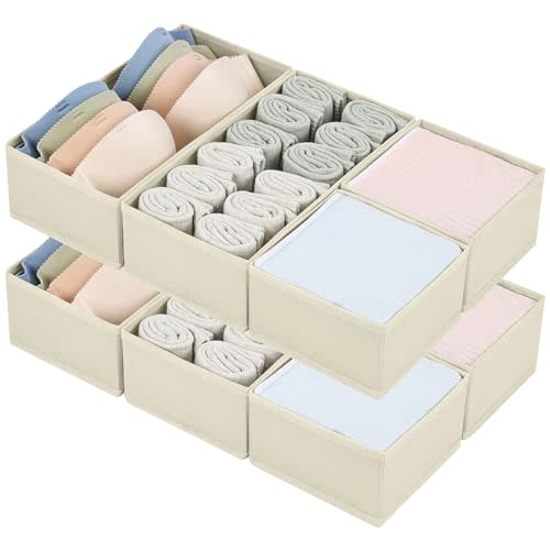 DIMJ Drawer Organizers for Clothing, Set of 8 Fabric Closet Organizers and Storage, Dresser Organizers, Drawer Dividers for Baby Clothes, Socks, Belt, Tie (Beige)