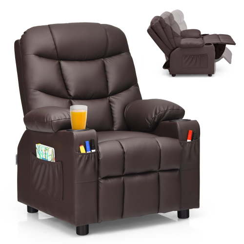 Costway Kids Youth Recliner Chair PU Leather w/Cup Holders & Side Pockets Brown