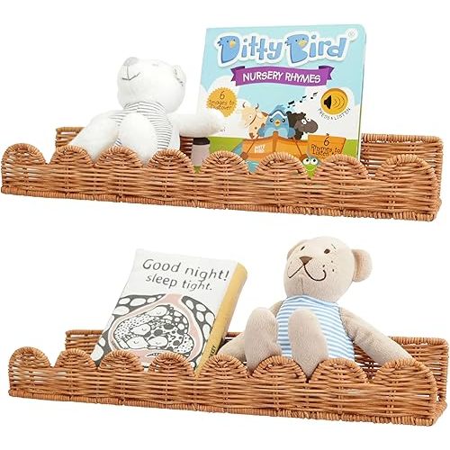 Natural Rattan Scalloped Floating Shelves, Eco-Friendly Wall Mounted Nursery Bookshelf, Durable & Handcrafted Storage Decor, Set of 2 (Brown)