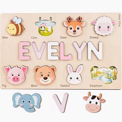 Woodartis Personalized Name Puzzle, Custom Baby Gifts, Personalized Name Puzzles for Toddlers 1-3, Personalized Baby Gifts, 1st Birthday Girl and Boy (Puzzle with Animals)