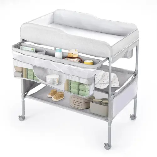 Portable Baby Changing Table, Foldable Diaper Changing Station with Waterproof Pad, Mobile Nursery Organizer for Infant & Newborn Essentials, Grey