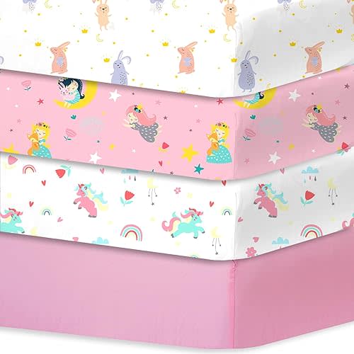 lumono Crib Sheets Girl 4 Pack, Baby Crib Sheet for Standard Crib & Toddler Mattress, Super Soft Breathable Crib Sheets Fitted for Girls, Adorable Bunny/Little Girl Dreams/Rainbow Unicorn/Solid Pink