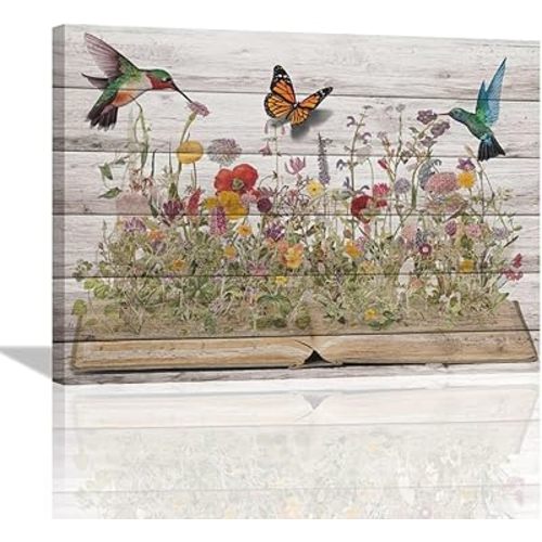 SweetFox Rustic Hummingbird Wall Art Farmhouse Hummingbird Flower Butterfly Picture Wall Decor Modern Canvas Painting Print Artworks Decorations Framed for Bathroom Living Room Bedroom 16L" X 12W"