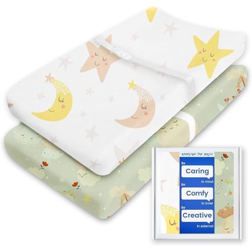 Extra Stretchy Changing Pad Cover, TotBasic Ultra Soft Premium Jersey Knit Changing Pad Sheets, Unisex for Boys Girls, Fits All Standard Changing Tables/Dresser Tops - 2 Pack (Planet & Moon)