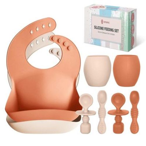 Baby Silicone Feeding Set - Baby Led Weaning Utensils, Silicone Bibs, Infant Feeding Cups Toddlers Smooth Material For Practical Eating, Set of 8
