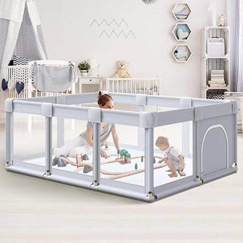 Baby Playpen 74"x50" Play Pens for Babies and Toddlers, Large Play Yards for Indoor & Outdoor with Zipper Gates, Breathable Mesh with Anti-Slip Base