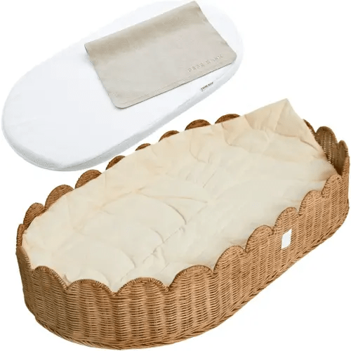 BEBE BASK Premium Baby Changing Basket - Artisan-Crafted Scalloped Rattan - Changing Basket for Baby Dresser - All Accessories Included - Complete Set for Nursery (Mocca)
