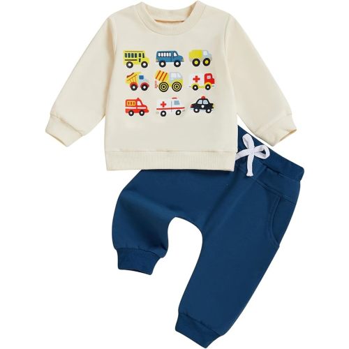 Toddler Baby Boy Fall Outfit Vehicle Print Long Sleeve Sweatshirt and Elastic Pants Set 2Pcs Winter Clothes