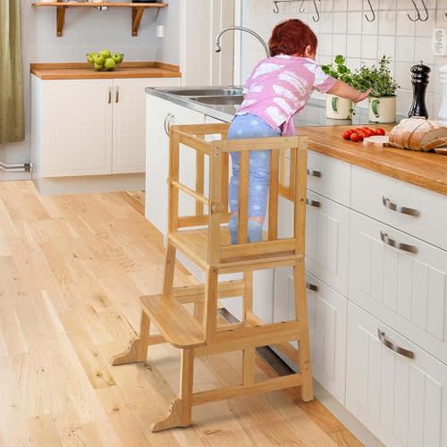 COSYLAND Kids Kitchen Step Stool,Toddler Standing Tower with CPC Certification, Removable Anti-Drop Railing Safety Rail Unique Patented Design Anti-tip Structure More Stable, 1.5-3 yrs Natural Bamboo