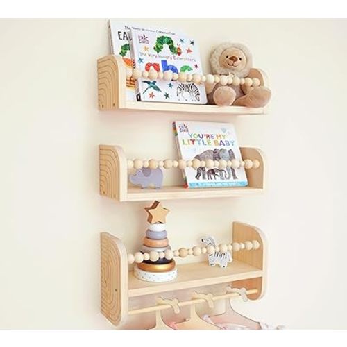 CNK Nursery Floating Book Shelves for Wall Mounted Set of 3 Book Shelf for Kids, Toddler, Baby Rooms Natural Pine Wood Bookshelf Toy Storage with Rack Playroom Decor