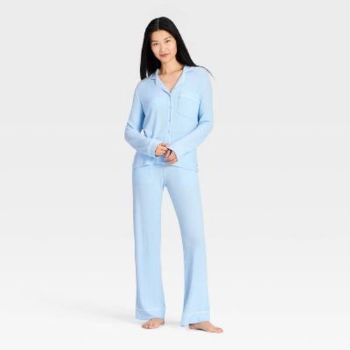 Women's Cozy Ribbed Notch Collar Long Sleeve Shirt and Pants Pajama Set - Auden™ Light Blue S