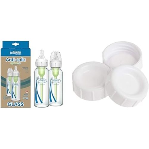 Dr. Brown's Natural Flow® Anti-Colic Options+ Narrow Glass Baby Bottles (8 oz/250 mL) + Standard Storage Travel Caps (3-Pack)