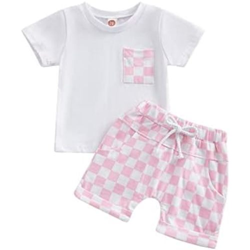 Karuedoo Baby Boy Girl Summer Outfits Checkered Plaid Short Sleeve T-Shirt Top Shorts Set Trendy Toddler Checkerboard Outfit