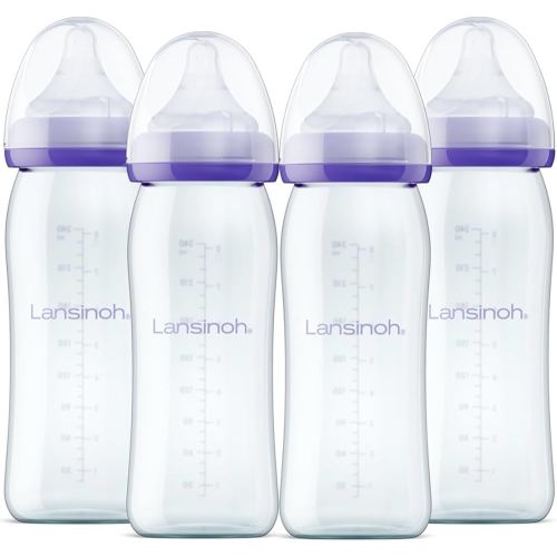 Lansinoh Anti-Colic Glass Baby Bottles, 8 Ounces, 4 Count Bottles for Feeding, Baby Essentials, Includes 4 Medium Flow Nipples, Size M