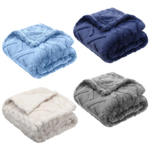 VitalCozy 4 Pcs Fleece Baby Blanket 30 x 40 3D Fluffy Baby Blanket for Boys Nursery Bed Baby Girl Blanket Infant or Newborn Receiving Blanket Swaddling Blankets(Blue Set)