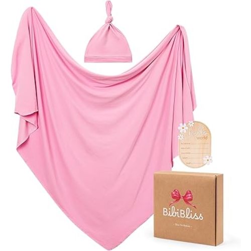 Stretchy Swaddle Blanket for Newborns with Hat & Hello World Card–Soft Baby Swaddles 0-3 Months,47"x 47"Supersoft Swaddle Blanket,Receiving Blanket for Boys & Girls (Sweet Pink)