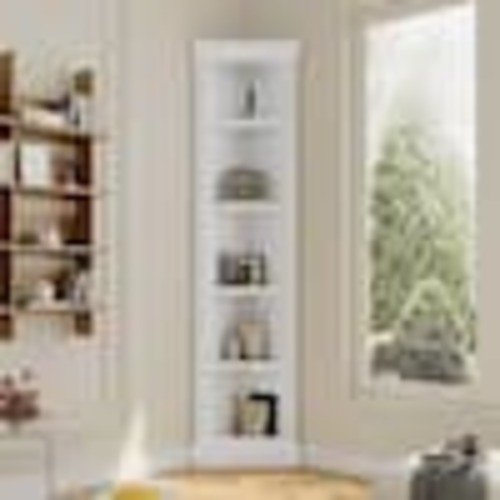 Harper & Bright Designs 83.4 in. Tall White Wood 5-Shelf Corner Accent Bookcase with 2-Adjustable Shelves ZJR007AAK