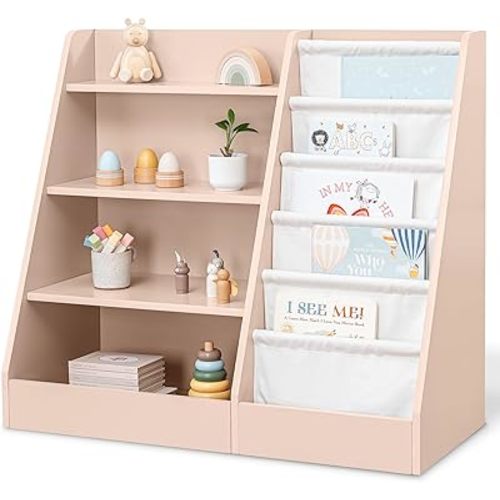 Comfy Cubs Kids Bookshelf 35.2 x 15.7 x 31.5 Inches - Sturdy Plywood Montessori Book Shelf with Soft & Hard Shelves for Toys & Books - Child-Friendly, Easy Access Storage Organizer for Kids - Blush