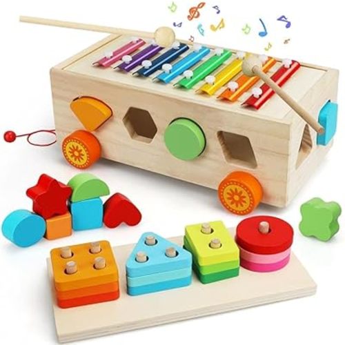TOY Life 4 in 1 Baby Xylophone for Toddlers: Wooden Hammering Pounding Toy - Wood Montessori Sorting Learning Block Sensory for 12-18 Month Kids