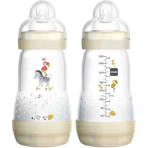 MAM Easy Start Anti-Colic Bottle & Baby Essentials & Medium Flow Bottles with Silicone Nipple and Unisex Baby Bottles & Designs May Vary, 9oz (Pack of 2)